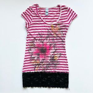 M. Fasis Pink and White Striped Flower Tunic T-Shirt, Medium